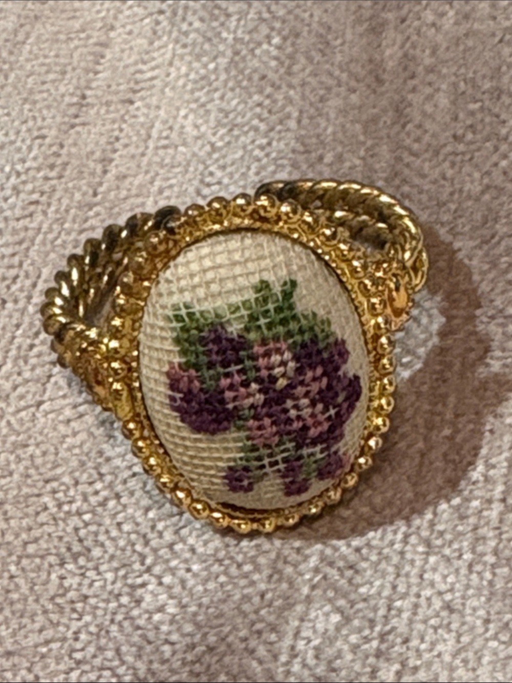 Vintage Gold Floral Needlepoint Ring with Purple Flowers size 7